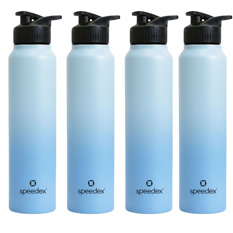 Image of Speedex Stainless Steel Metal Water Bottle 1 Ltr 1000 ml, BIS Approved, Leak Proof Sipper Cap Bottle for Office, School, Gym, Travel, Daily Use for Men, Women, Kids, Adults, Dual Blue, Set of 4