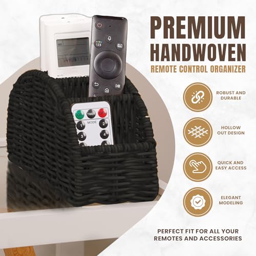 5-Compartment Remote Control Holder – Synthetic Rattan Organizer for TV Remotes, Makeup Brushes, Office Supplies, Stylish Wicker Desk Caddy for Living Room, Bedroom, Office, Patent Pending (Black) - Image 3