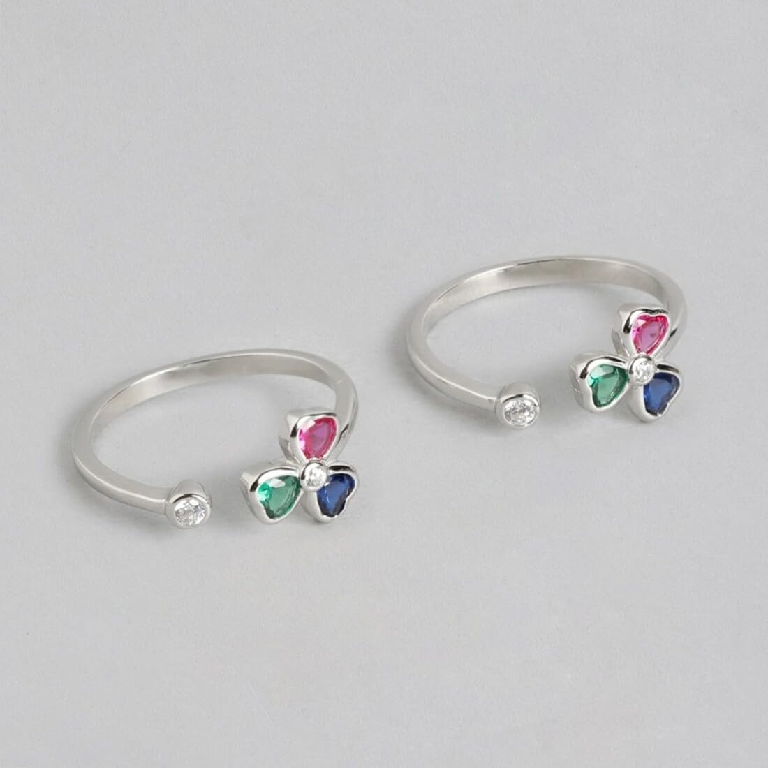 925 Sterling Silver Multicolour CZ Floral Lucky Clover Adjustable Toe Ring