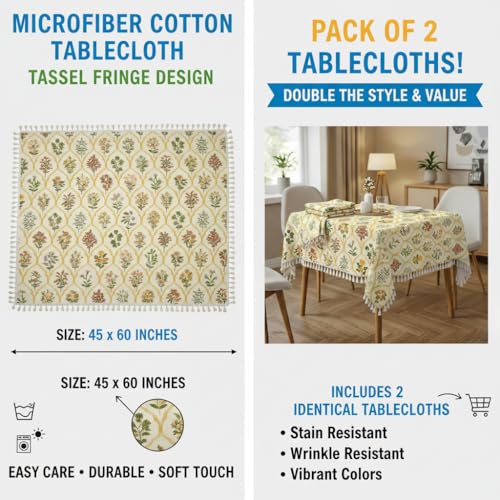 Image of RRC Microfiber Cotton Table Cloth Pack of 2 for 4 Seater Dining Table, 45 x 60 Inch Rectangular Printed Table Cover with Tassels, Washable, Durable & Fade Resistant