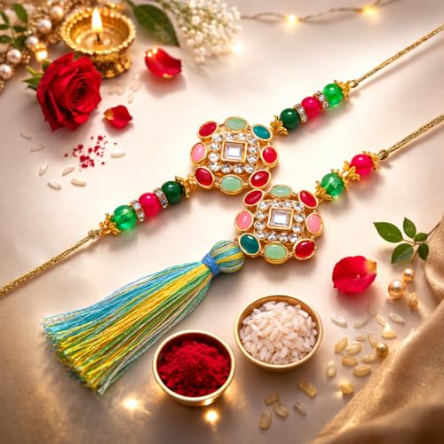 Image of Jaipur Ace Rakhi Gift Hamper for Bhaiya Bhabhi with Silver Plated Bowl Set, Pooja Thali, 2 Designer Rakhis, Roli Chawal, Raksha Bandhan Gift Set for Brother Bhabhi, Premium Rakhi Combo with Red Velvet Box