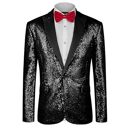 MAGE MALE Mens Shiny Sequins Suit Jacket Blazer One Button Tuxedo for Party Wedding Banquet Prom Black