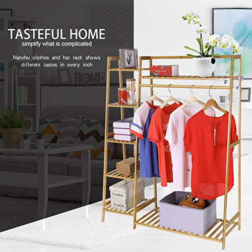Duseedik Bamboo Wood Garment Rack, 6 Tier Clothing Hanging Storage Shelves Rack with Side Hooks for Cloth Shoe Coat Storage Organizer Shelf (Bamboo Garment Rack)