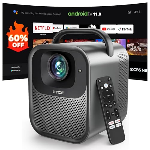 ETOE Projector 4K with Android TV & Netflix Licensed, Outdoor Portable Projector 1000 ANSI Full HD 1080P Native, Bluetooth, 20W Dolby Audio, Auto Focus Keystone