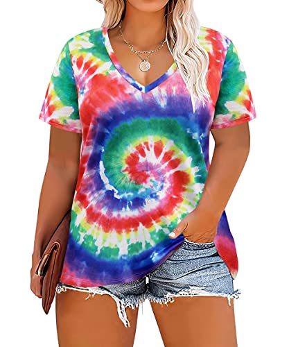 Image of RITERA Women Plus Size Tops Tie Dye V Neck Shirt Floral Camo Summer Short Sleeve Tunic Oversized Ladies Blouse XL-5XL