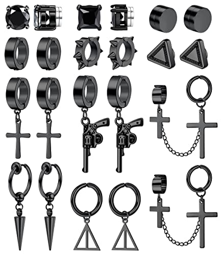 Ironbox 11 Pairs Magnetic Earrings For Men Women Stainless Steel Cross Chain Pendant Earring Non-Piercing Magnet Earrings Black Dangle Hoop Stud Earrings Clip On Earrings For Men Fake Earrings #TOP24