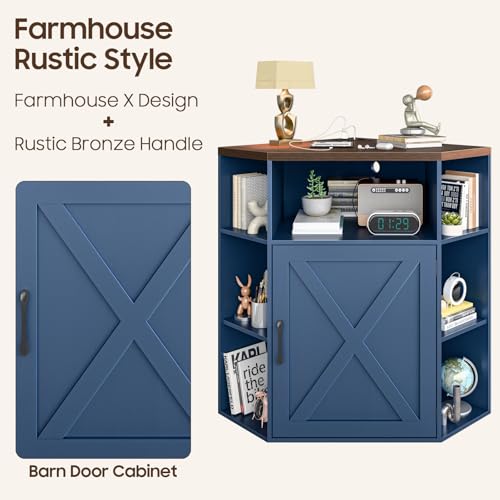 Image of Halitaa Corner Storage Cabinet, Farmhouse Corner Bookshelf with Storage 6-Cubby Wooden Cabinet with USB Ports and Outlets Industrial Organizer for Small Space, Study, Playroom, Blue and Brown