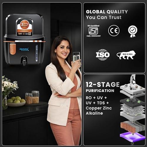 Image of Proven Swift Zinc Copper Alkaline Water Purifier | Food-Grade ABS 12L Storage Tank | Advanced Technology | Made in India | Black Opaque | 1-Year Warranty