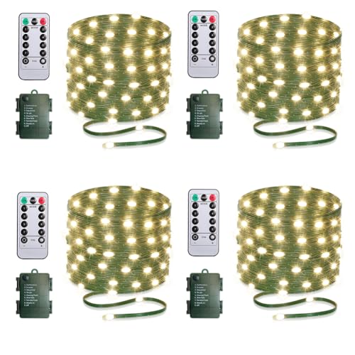 KepStars Battery Operated String Lights (4 Pack), 16.5ft 50 LED Fairy String Lights Battery Powered with Remote & Timer for Indoor Outdoor Christmas Trees Wreath Decoration Bedroom Patio - Warm White