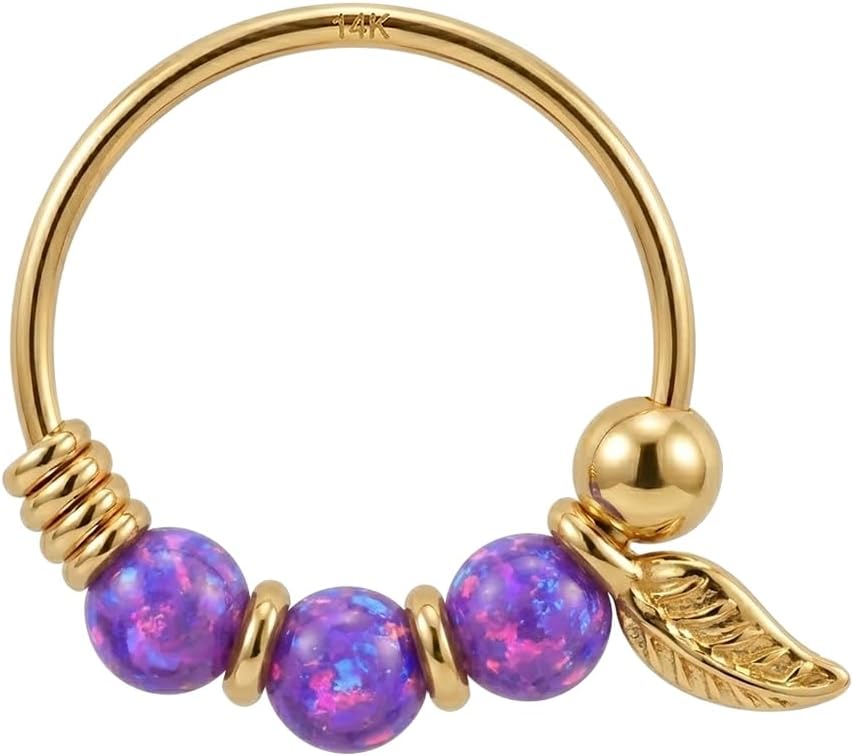14K Solid Yellow Gold Leaf with Triple Opal Stone 22 Gauge Hoop Nose Ring - Cartilage - Daith - Rook - Lobe - Conch Piercing Body Jewelry