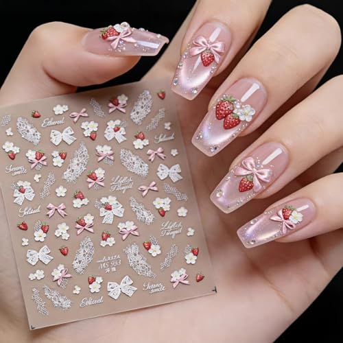 Strawberry Nail Art Stickers Decals 5D Flowers Spring Floral Design