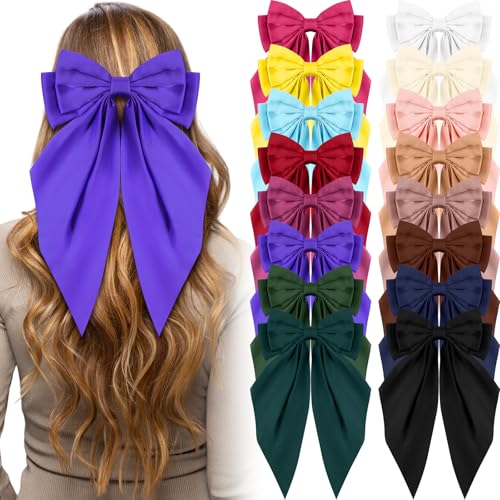 Hoteam 16 Pcs Silky Satin Hair Bows Bulk for Women Large Hair Ribbons Oversized Bows Oversized Long Tail Large Bow-knot Clips Accessories Gifts(Classic)