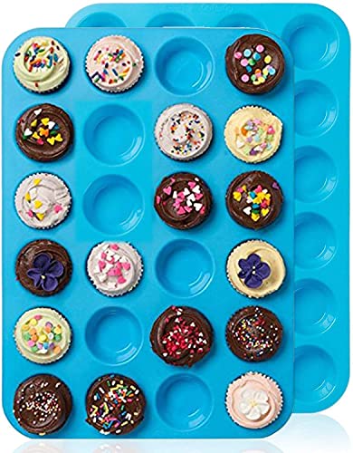 LIDOU Mini Muffin Tray 24 Cup Silicone Muffins Pan Non-Stick Cupcake Tin Silicon Mould Bakeware Reusable Baking Case for Mini Mince Pie Cupcakes Dishwasher Safe 34 x 23 x 2.5 cm (Blue)