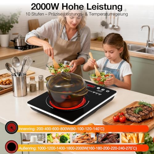 GTKZW Glaskeramikkochfeld 1 Platte 2000W, Infrarot Kochplatte für Alle Töpfe, Tragbares Kochfeld 36 cm mit Touch Control & Timer, Platzsparend für Camping, Wohnmobil & Singleküche