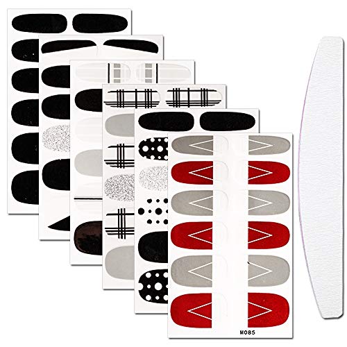 WOKOTO 6 Sheets French Manicure Polish Sticker Strips With 1Pcs Nail File Geometry Adhesive Nail Art Wraps Decal Tips