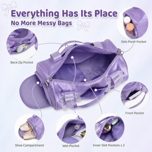 Image of CAMTOP Girls Dance Duffle Bag with Shoe Compartment, Ballet Gymnastics Bag for Girls 4-6, Toddler Travel Overnight Sports Bag with Strap, Cute Ballerina Gift (Purple)
