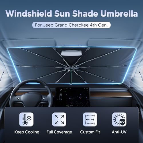 Image of Autorder Windshield Sun Shade Umbrella for 2011-2026 Jeep Grand Cherokee Accessories,Upgraded Ice Crystal Material,Easy Setup Umbrella Sunshade for Car Windshield,100% Sun Blocking