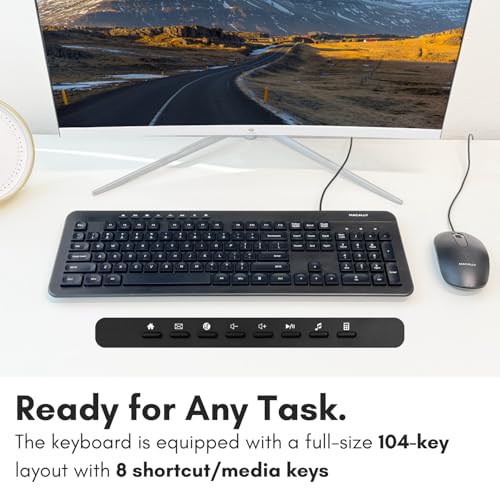 Wired Keyboard and Mouse Combo, Macally Slim Full Sized Ergonomic USB Keyboard and Mouse Wired - Quiet Wired Mouse and Keyboard - Wire Corded Keyboard for Laptop and Desktop PC Computer