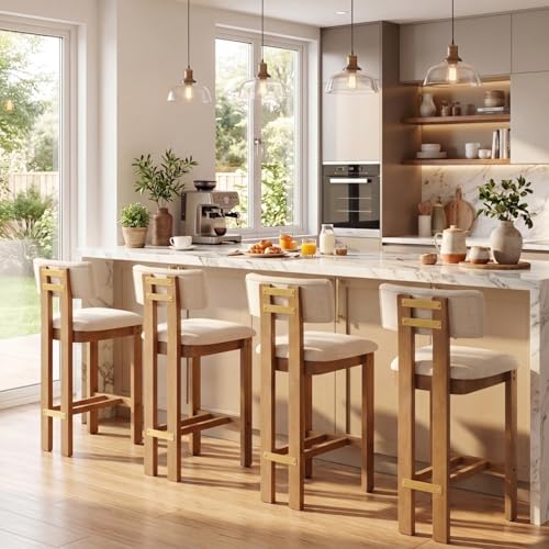 Butacos modernos de barra HNY de 26 pulgadas, juego de 2 unidades, con respaldo y tapizado en lino beige, estructura de madera natural, para isla de cocina miniatura 6