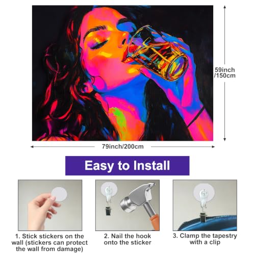 Image of BlissYard Cool Girl Anime Wall Tapestry Aesthetic 78x59 Inch Blacklight Tapestry Bedroom UV Reactive Purple Tapestries Glow In The Dark Art Wall Hanging Poster Room Bedroom Party Backdrop Decor