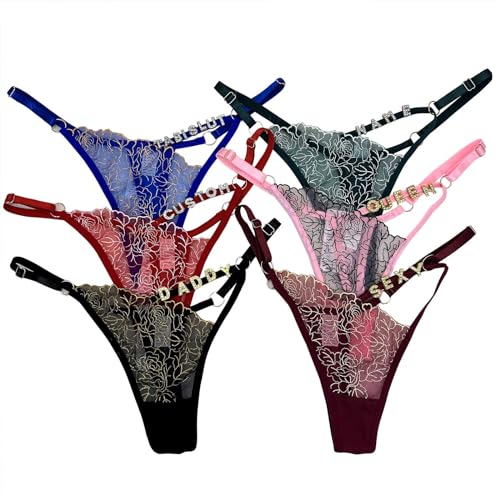 Sexy Customized Lace Thong For Women, Personalized Panties with Name Vintage Custom Name Thongs With Gold Rhinestones Letter
