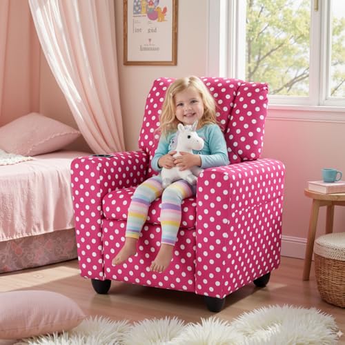Image of GLACER Kids Recliner with Cup Holder, Velvet Toddler Lounge Chair (Red) | Baby Recliner w /Adjustable Backrest & Footrest, Spring Seat Cushion, Push Back Toddler Sofa for Ages 3+, Supports 150 lbs