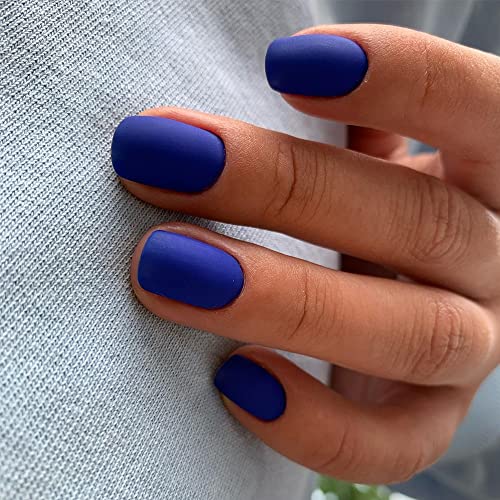 Midnight Blue Press on Nails Short Matte,KQueenest Acrylic Nails Press on with Solid Color Classic Fake Nails Set with Glue for Women Girls Daily Routine in 24PCS