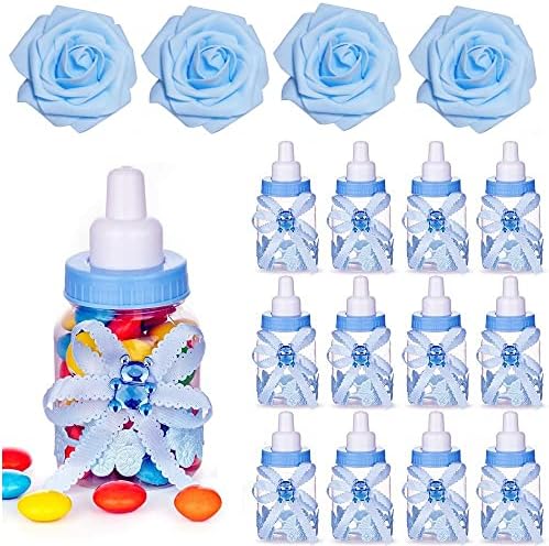 Baby bottles for Baby shower, 24Pcs Mini boy Baby shower favors Candy Bottle with 5Pcs Artificial Rose for Newborn Baby Baptism Party, baby shower party décor,Blue,Noex Direct (Bottle Rose-2)