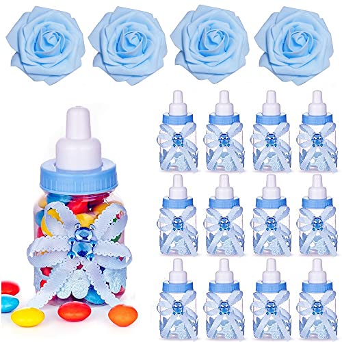 Noex Direct Baby Bottles for Baby Shower, 24Pcs Mini boy Baby Shower Favors Candy Bottle with 5Pcs Artificial Rose for Newborn Baby Baptism Party, Baby Shower Party décor,Blue, (Bottle Rose-2)