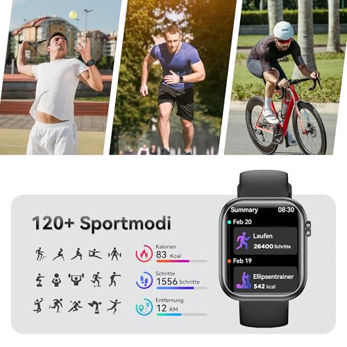 Smartwatch Damen Herren, 1.83" HD Fitness Tracker mit Schrittzähler/Blutdruckmessung/Pulsuhren/Telefonfunktion, Schlaftracker, 120+ Sportmodi, IP68 Wasserdicht Fitnessuhr&Sportuhr für Iphone Android 4