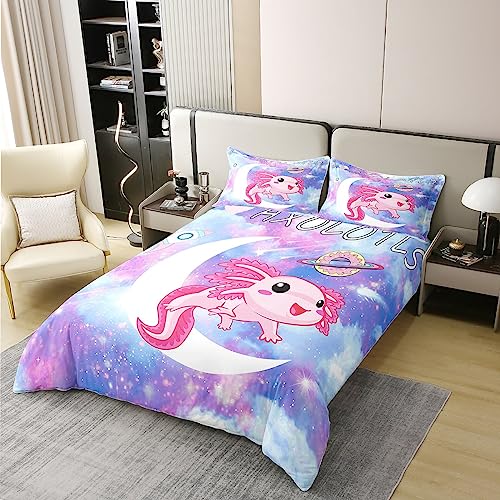 Kawaii Axolotl 100% Cotton Duvet Cover Cartoon Axolotl Pink Purple Galaxy Bedding 100% Cotton Set 3D Animals for Children Microfiber Salamander Duvet Set Room Decor Quilt Cover Single Zipper - Image 3