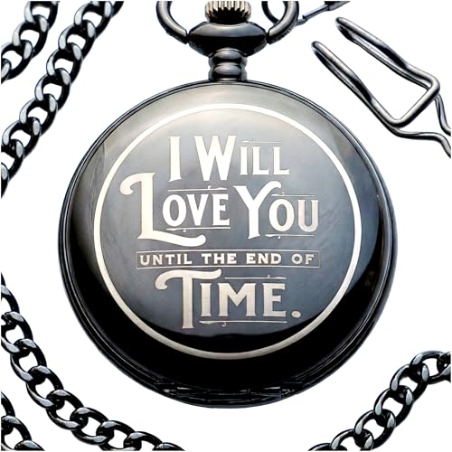 Red Dot Laser Engraving Engraved Pocket Watch with Chain for Husband or Boyfriend | Classy Gift Set for Anniversary or Any Occasion (I Will Love You Until the End of Time)