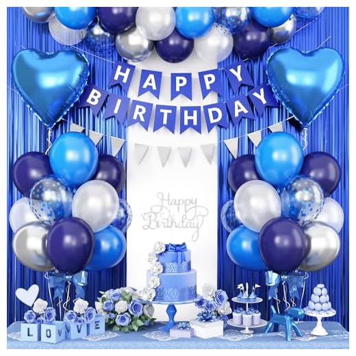 Geburtstagsdeko Blau Silber,Geburtstag Party Deko für Mann Jungen,Luftballons Geburtstag Dekoration Set mit Happy Birthday Girlande Cake Topper Lametta Vorhang Konfetti Ballons