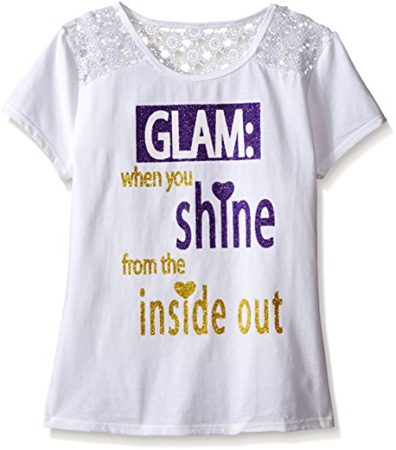 Dream Star Girls' Big Short Sleeve Glitter Screen Lace Shoulder and Back Yoke, White, Large/14