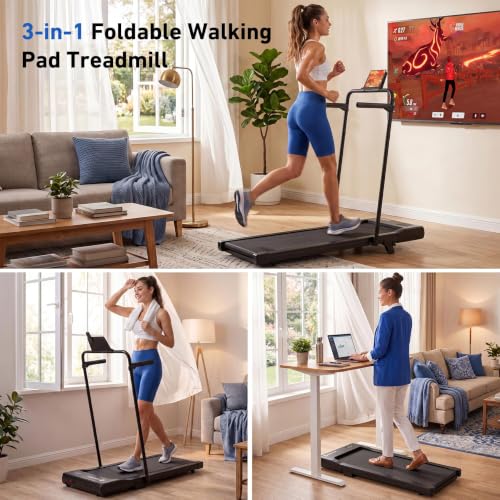 Image of DeerRun Walking Pad Treadmill, 7% Incline Foldable Treadmill with Handlebar | Quiet Under Desk Treadmill with Handlebar, 2.5HP & 3.8MPH, 300 lbs Capacity for Home Office Walking with App