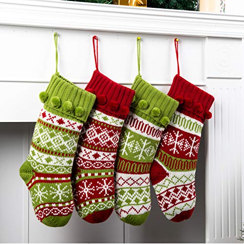 Mostop Knit Argyle Christmas Stockings 4 Pack, 17 Inch Large Rustic Red Green with Snowflake Personalized Stockings Fireplace for Xmas Family Holiday Party Decorations Season Decor