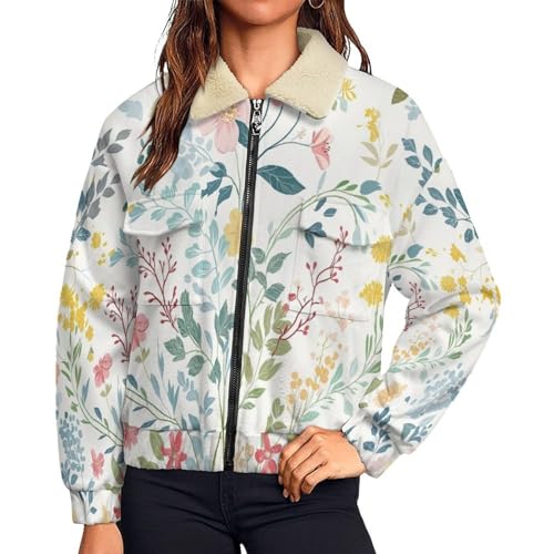 Veste polaire femme imprimée fleurs sauvages veste d'hiver à fermeture éclair