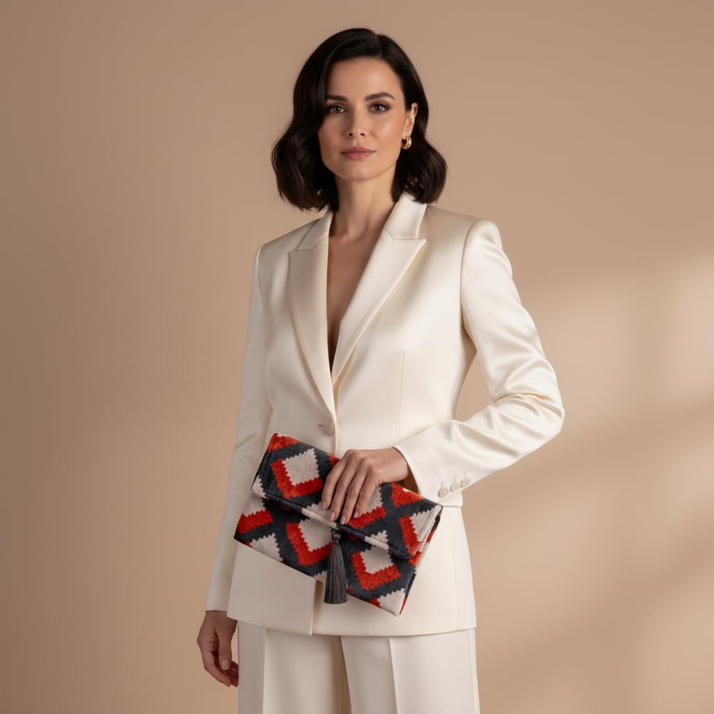 Bolso Ikat de terciopelo de seda hecho a mano, estilo sobre, diseño bohemio, patrón étnico, opción de correa de cadena, bolso de mano de fiesta de noche, bolso de mano de alta calidad, blanco