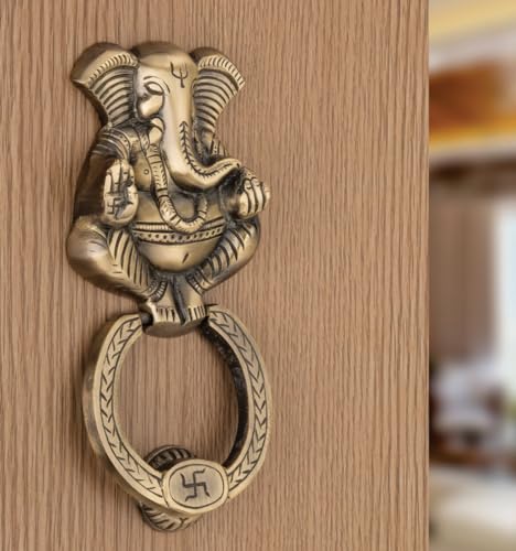 Image of COMPASS Ganesh Design Brass Home Decor | Door Decor | Door Knocker with Antique Finish | 7.5 inch | Pack of 1