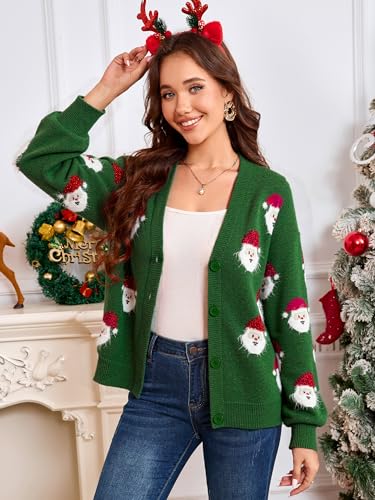 Simplee Green Santa Face Button Christmas Cardigan - Image 2