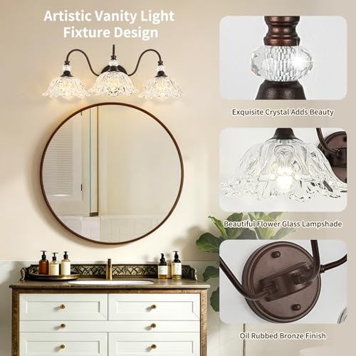 Image of Oil Rubbed Bronze Finish Bathroom Vanity Light, 3-Light Vintage Vanity Light with Floral Clear Glass Shades, Retro Wall Mount Lighting for Bathroom, Dressing Table