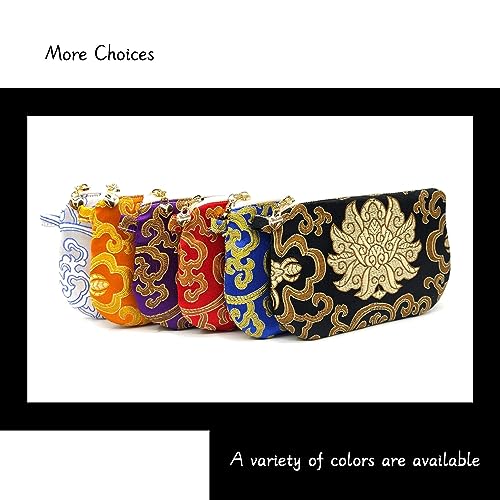 Image of Exquisite Handmade Silk Zipper Jewelry Pouch with Wristlet Strap | Women's Coin Purse Brocade Wallet for Makeup and Gifts, Black