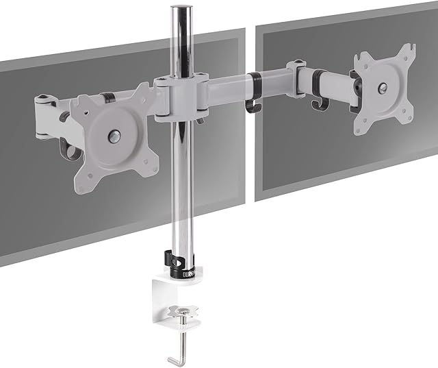 Duronic Dual Monitor Arm Stand DM252 WE, Double PC Desk Mount, WHITE, Adjustable, For Two 13-27 Inch LED LCD Screens, VESA 75/100, 8kg Per Screen, Tilt -90°/+35°, Swivel 180°, Rotate 360°
