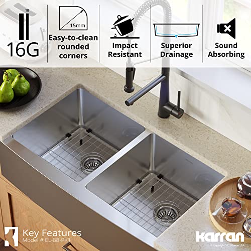Karran Elite El-88 Apron-Front Stainless Steel 36 In. 16-Gauge Double Bowl Farmhouse Kitchen Sink Kit #TOP3
