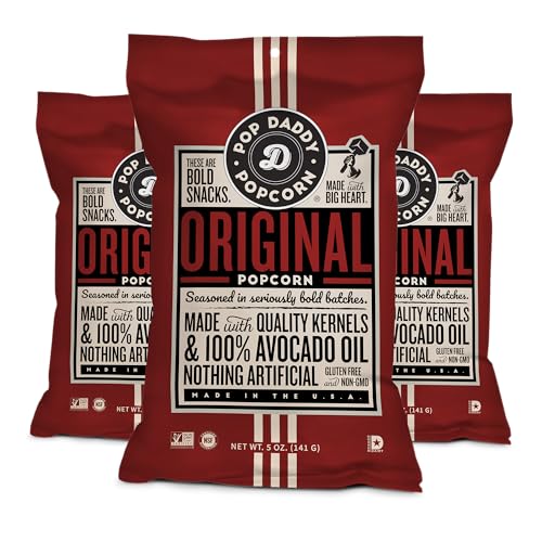 Pop Daddy Flavored Popcorn Gourmet, Original Flavor Popped Popcorn, Hand Seasoned Ruby Red Kernels, Gluten Free Healthy Popcorn Snacks, 5oz Individual Bags, 3 Pack