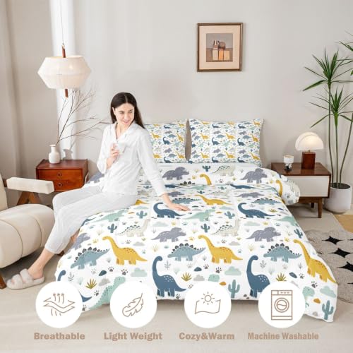Image of Feelyou Dinosaur Kids Comforter Set Full Size 3D Dino Print Bedding Set Jungle Dino Duvet Quilt for Kids Boys Girls Bedroom Wild Animal Decor Microfiber Ultra Soft Breathable