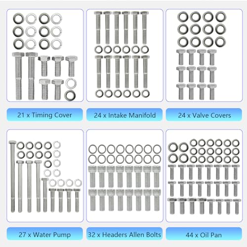 Image of Hex Bolt Kit for Ford 260 289 302 Carbureted Engine 1985 & Older | 228 Pcs Nuts & Bolts, 304 Stainless Steel, fits 260 289 302 Engines with a Passenger side water pump (Lower Radiator Hose)