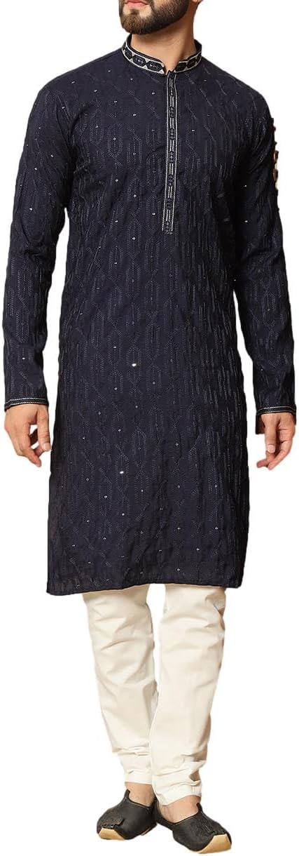 SK131 Men's Navy Blue Kurta Pajama Set Indian Party Suit (36)