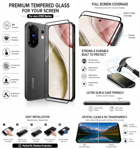 Image of FIRST MART Tempered Glass for Vivo X200 FE 5G with Black Camera Ring Guard & Installation Kit | HD Clear Edge-to-Edge Screen Protector, Scratch Resistant, Case-Friendly | Pack of 1
