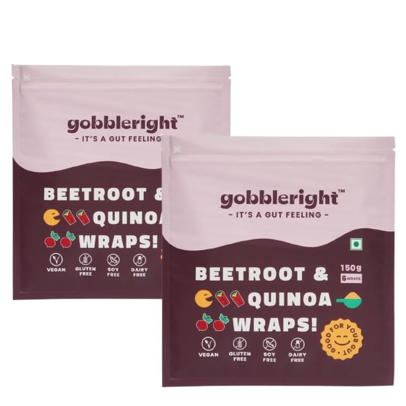 Image of GOBBLERIGHT Beetroot & Quinoa Wraps 150g (6 Wraps - Pack of 2) | 67 Kcal Per Wrap | Healthy Frozen Multigrain Tortilla for Burrito, Shawarma, Tacos | Low-Calorie & High-Protein | Gluten Free & Vegan
